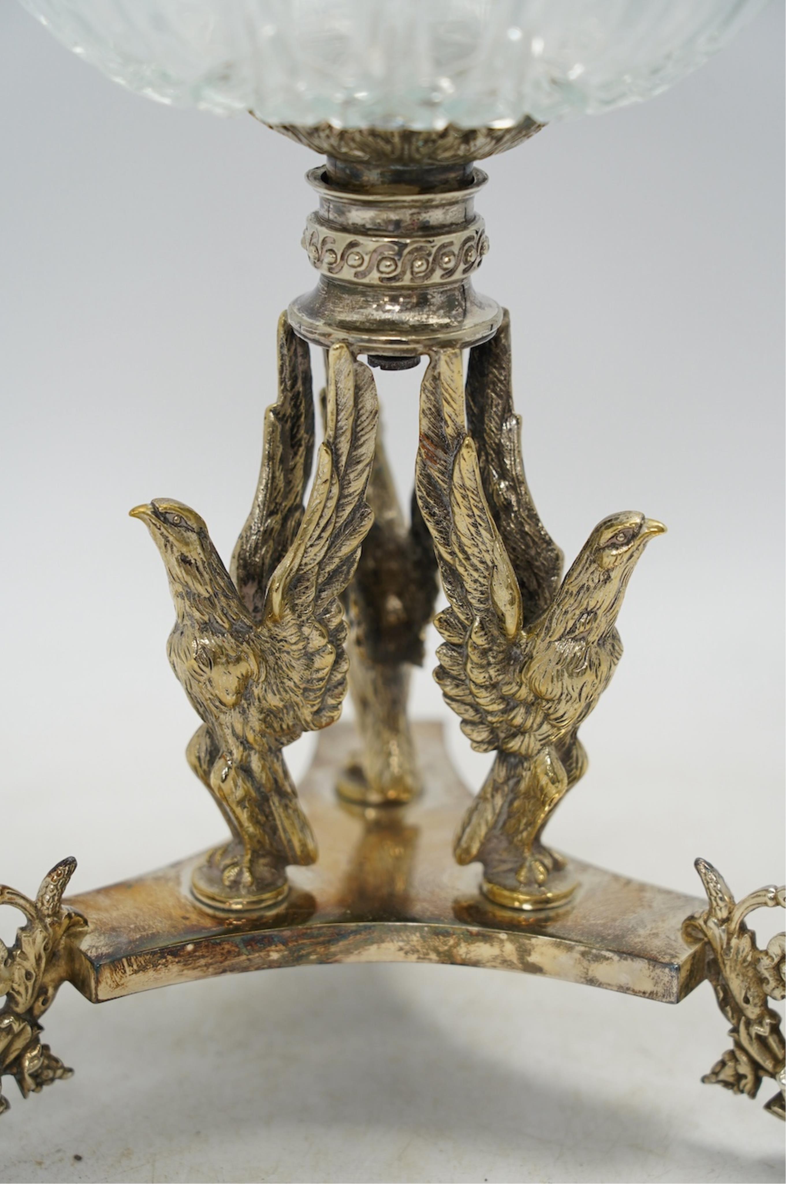 A Victorian electroplated centrepiece with pressed glass bowl, 26.5cm high. Condition - good